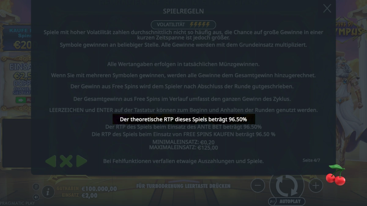 Spielregeln des Online-Slots Gates of Olympus mit RTP 96,50 %