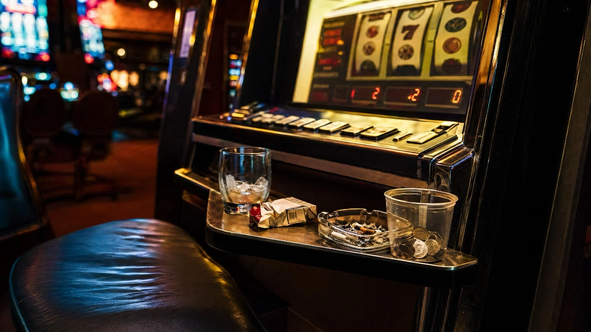 Klassischer Spielautomat in einem Casino mit Getränken und Aschenbecher