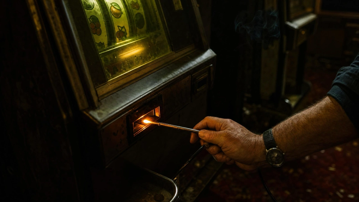 Mann manipuliert mit Werkzeug einen alten Spielautomaten