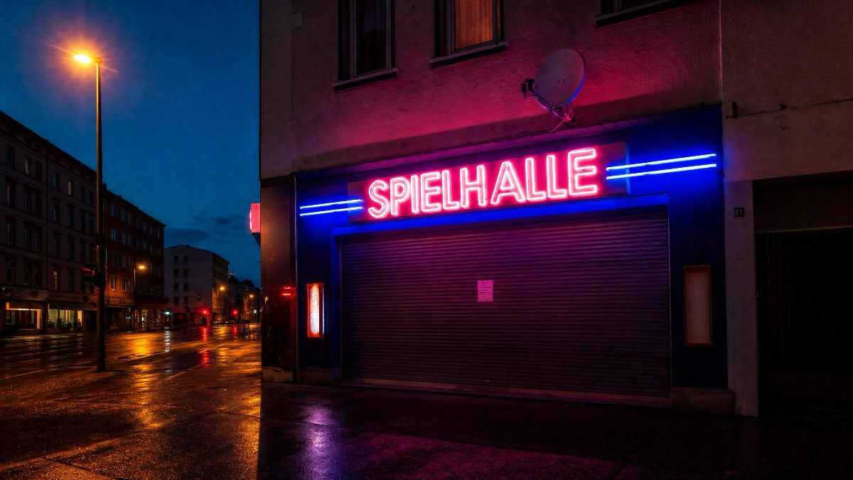 Geschlossene Spielhalle mit Neonschild bei Nacht